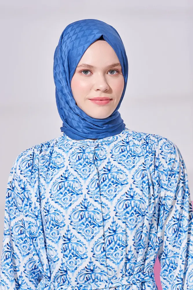 Silky Jacquard Lara Hijab Geometric Pattern - Denim Blue - 4