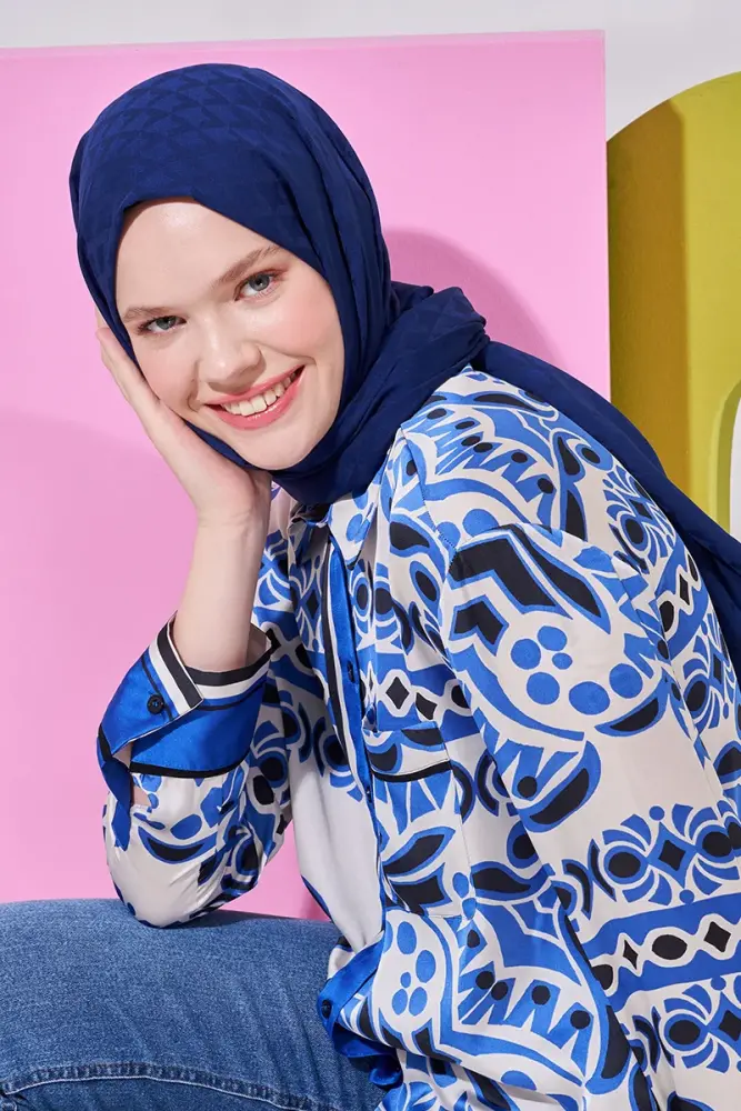 Silky Jacquard Lara Hijab Geometric Pattern - Navy Blue - 1