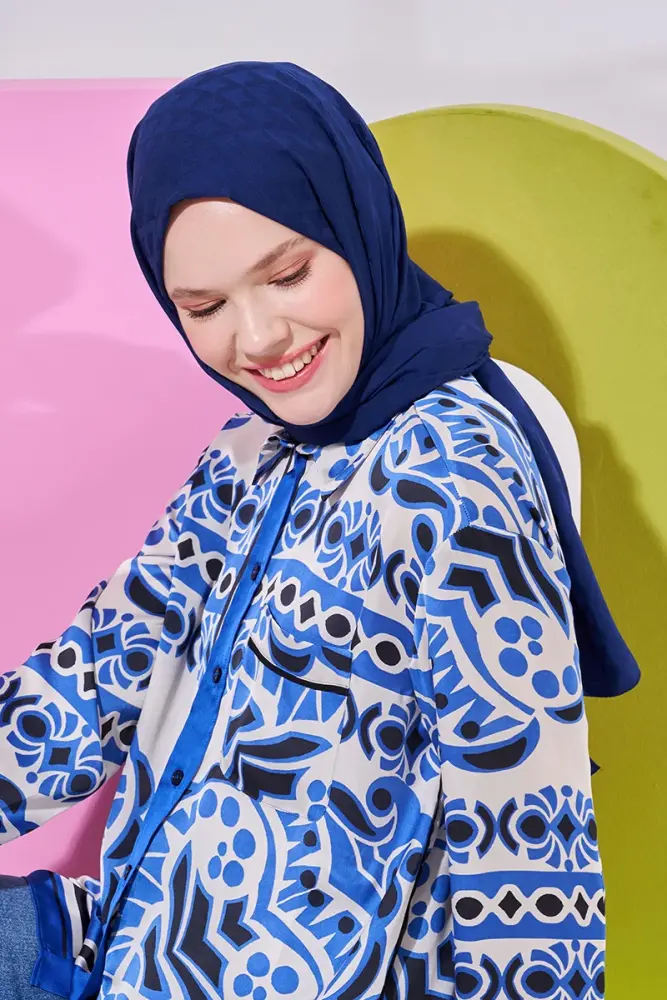 Silky Jacquard Lara Hijab Geometric Pattern - Navy Blue - 2