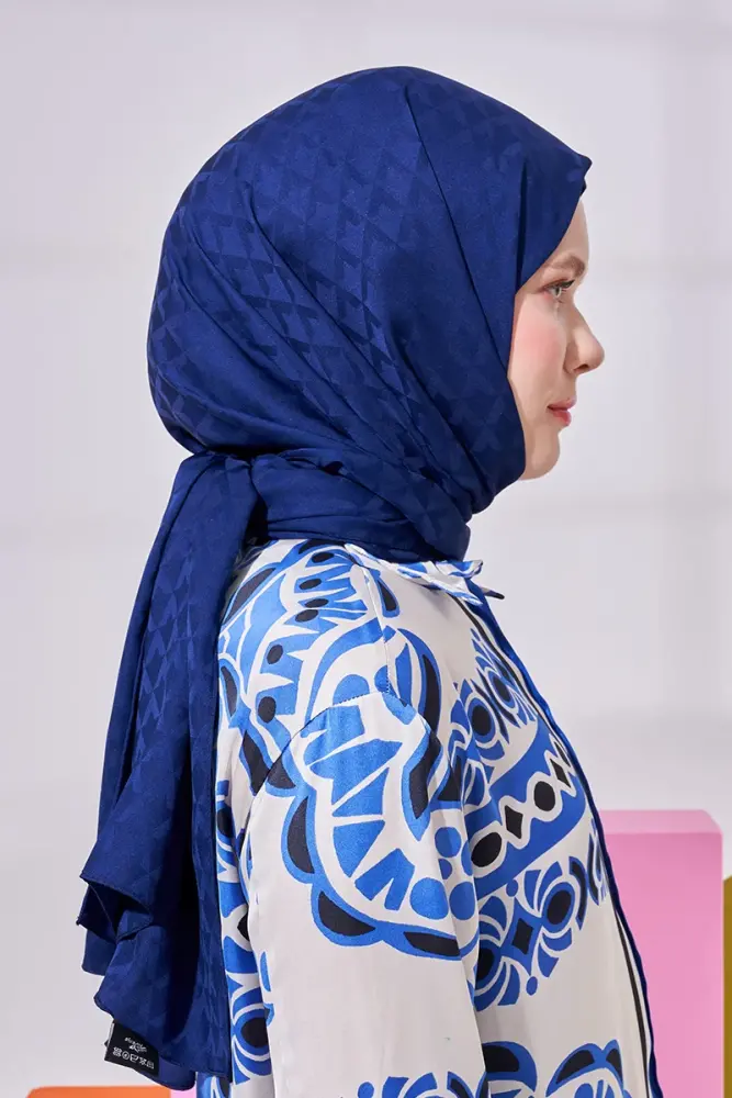 Silky Jacquard Lara Hijab Geometric Pattern - Navy Blue - 3