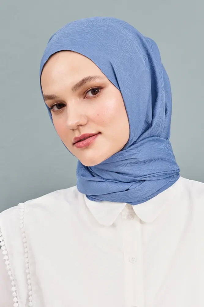 Silky Jacquard Note Hijab Tree Bark Pattern - Denim Blue - 1