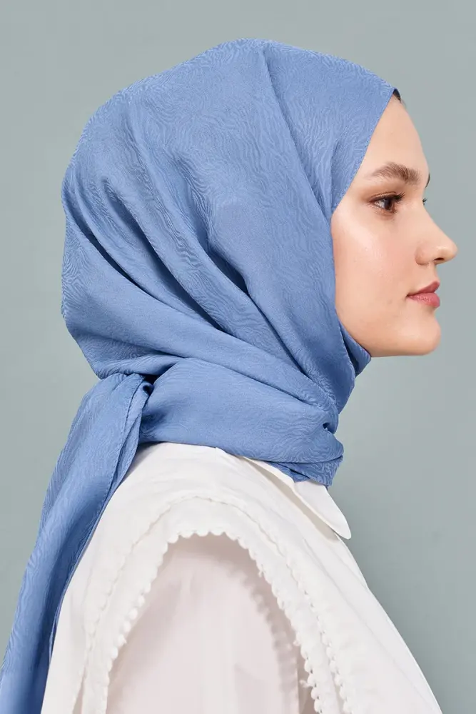 Silky Jacquard Note Hijab Tree Bark Pattern - Denim Blue - 4