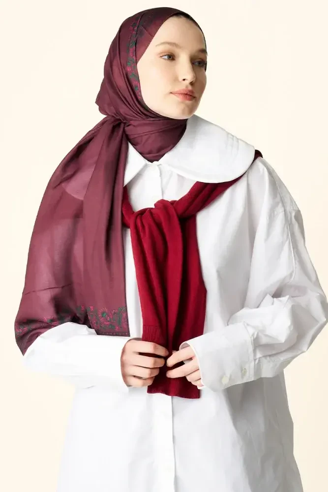 Verona Desenli Pamuk Dokulu Şal - Bordo - MADAME POLO