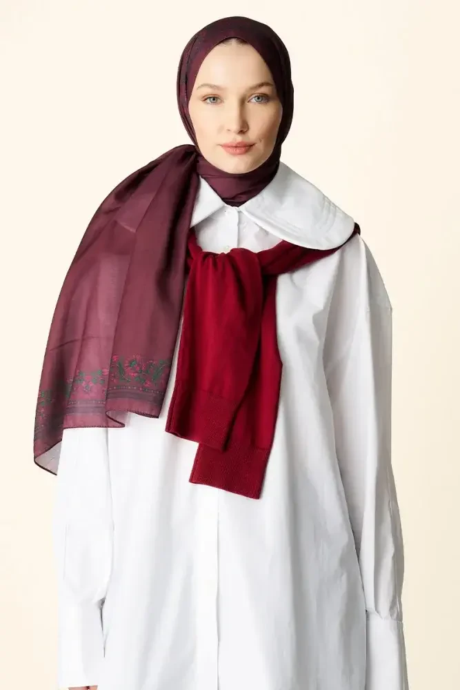 Verona Desenli Pamuk Dokulu Şal - Bordo - MADAME POLO