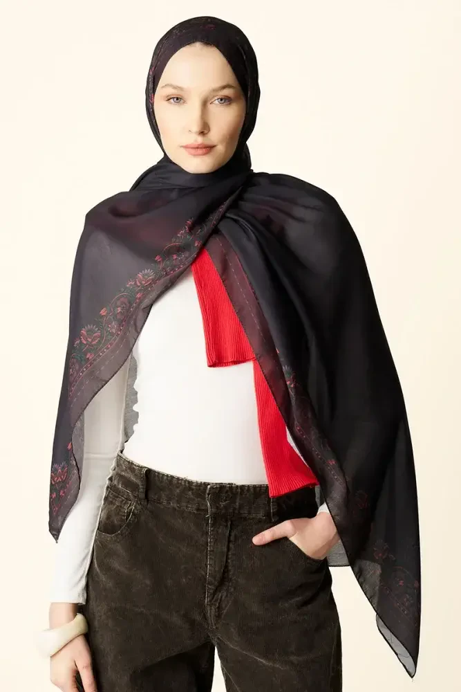 Verona Desenli Pamuk Dokulu Şal - Kahverengi - 2