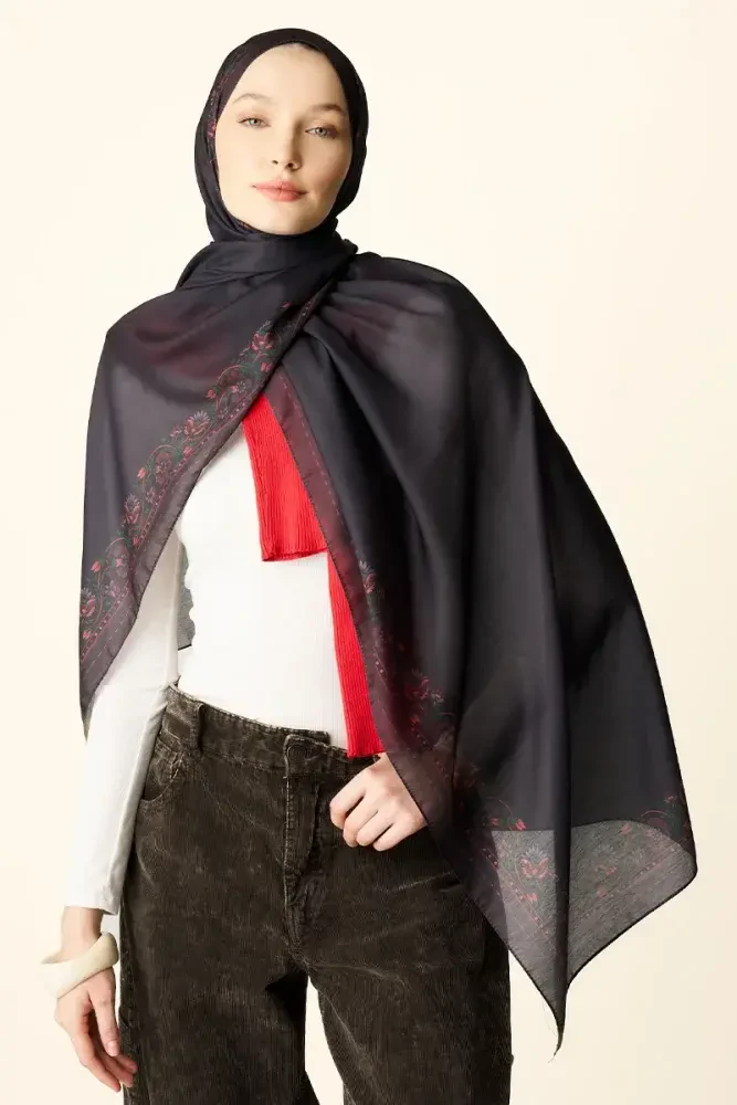 Verona Desenli Pamuk Dokulu Şal - Kahverengi - MADAME POLO