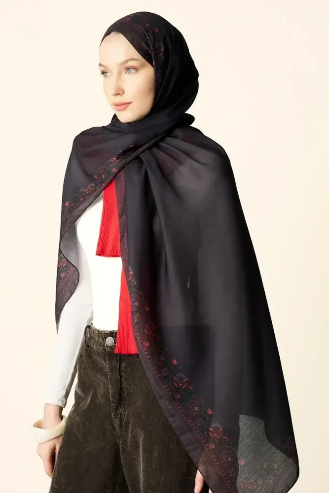 Verona Desenli Pamuk Dokulu Şal - Kahverengi - MADAME POLO