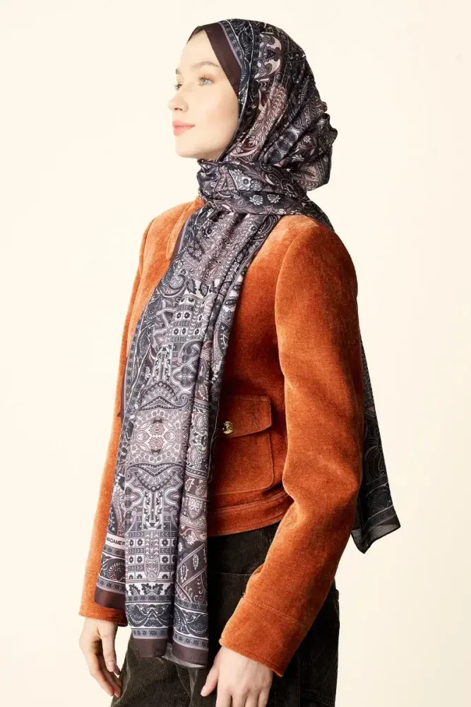 Yekta Desenli Pamuk Dokulu Şal - Acı Kahve - MADAME POLO