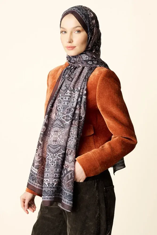 Yekta Desenli Pamuk Dokulu Şal - Acı Kahve - 2