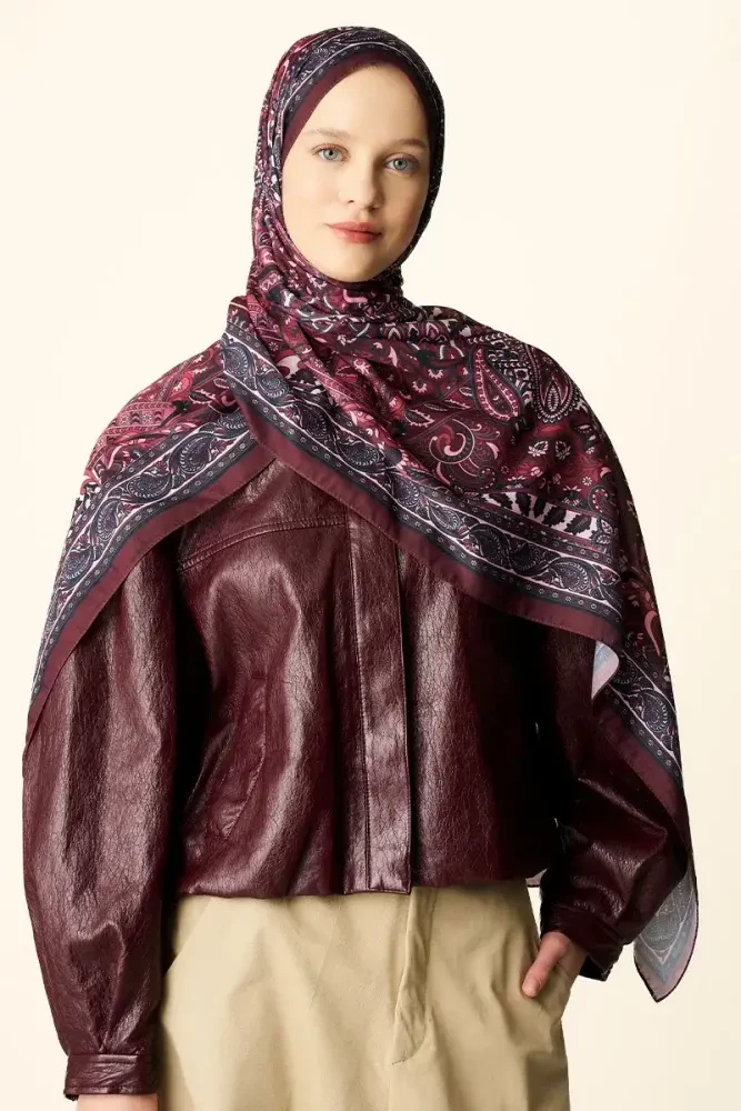 Yekta Desenli Pamuk Dokulu Şal - Bordo - 2