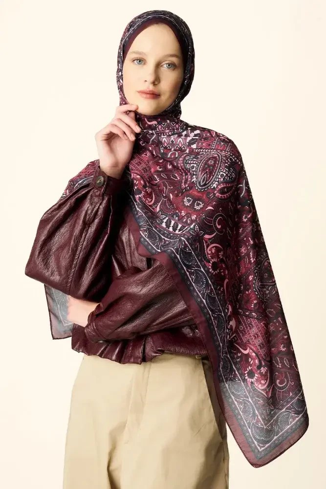 Yekta Desenli Pamuk Dokulu Şal - Bordo - MADAME POLO
