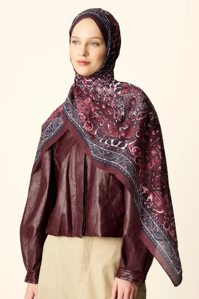 Yekta Desenli Pamuk Dokulu Şal - Bordo - MADAME POLO