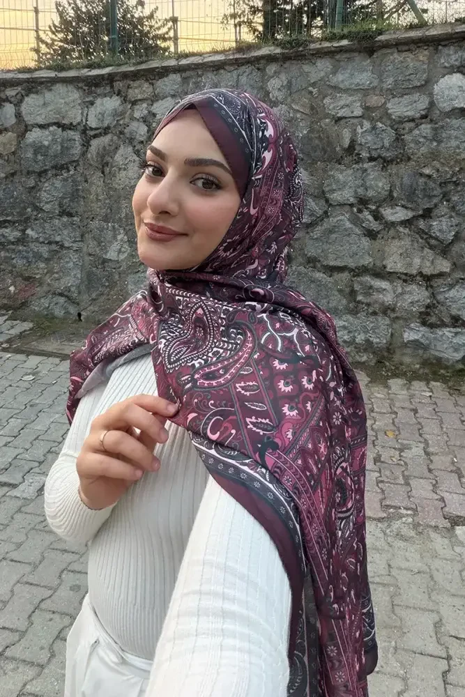 Yekta Desenli Pamuk Dokulu Şal - Bordo - MADAME POLO