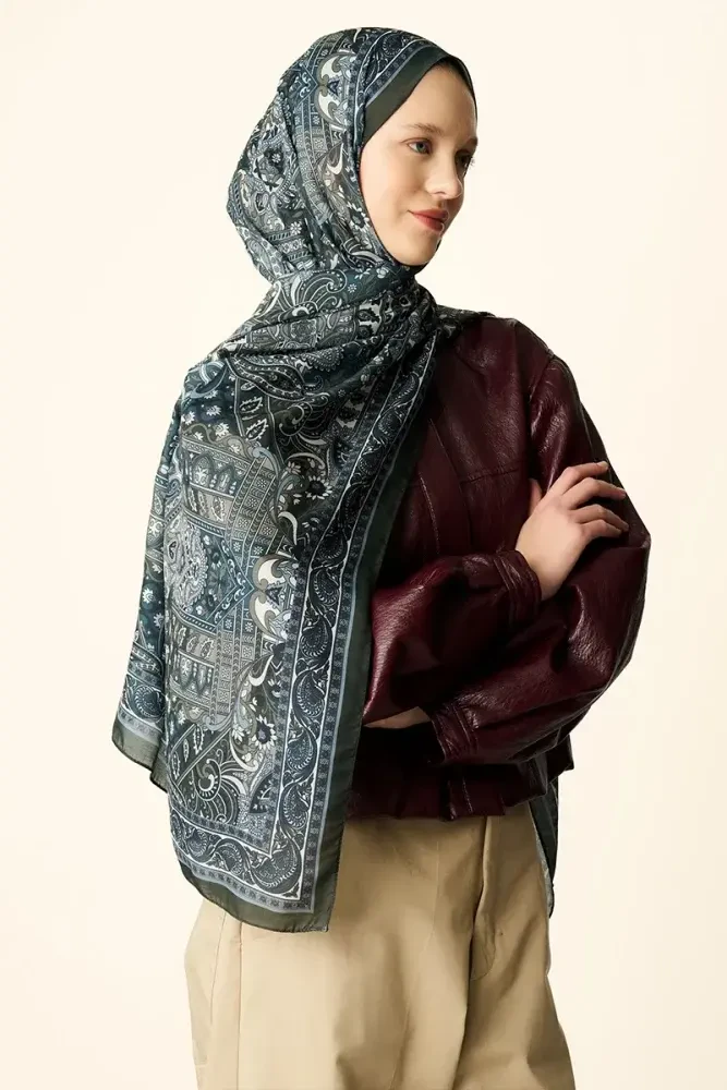 Yekta Desenli Pamuk Dokulu Şal - Haki - MADAME POLO