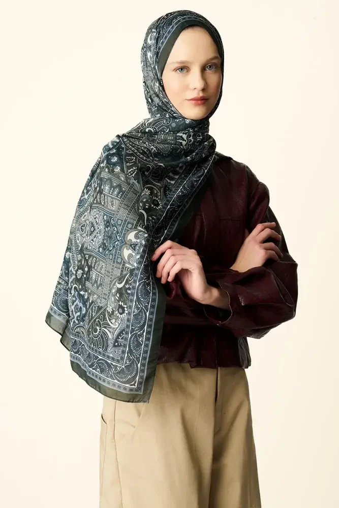 Yekta Desenli Pamuk Dokulu Şal - Haki - 2