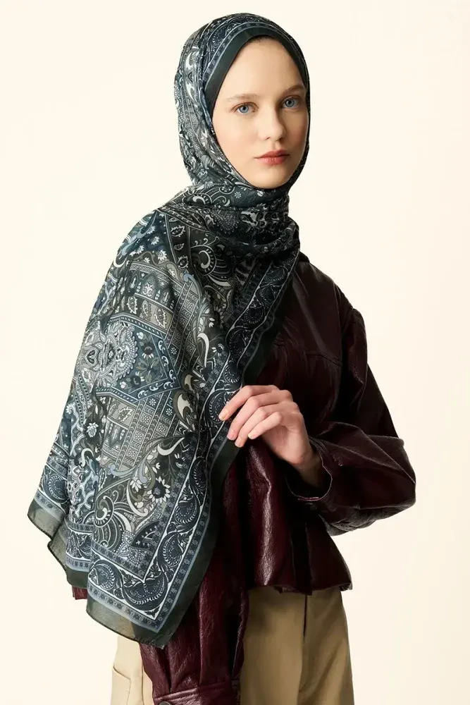 Yekta Desenli Pamuk Dokulu Şal - Haki - MADAME POLO