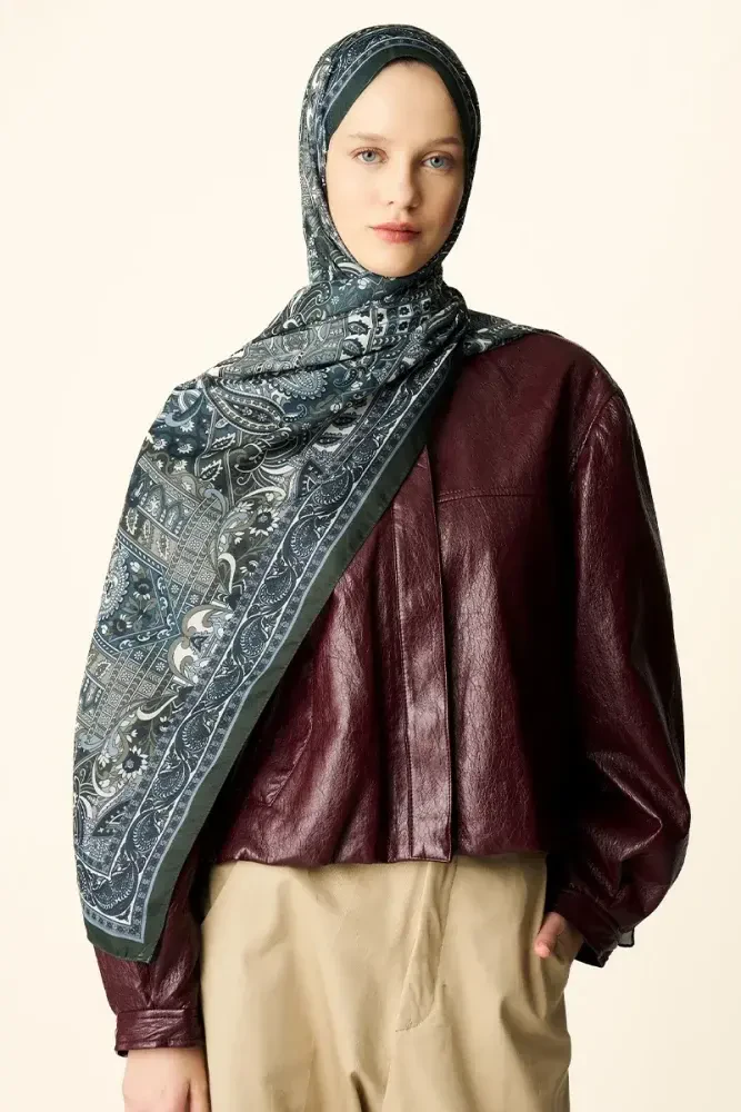 Yekta Desenli Pamuk Dokulu Şal - Haki - 4