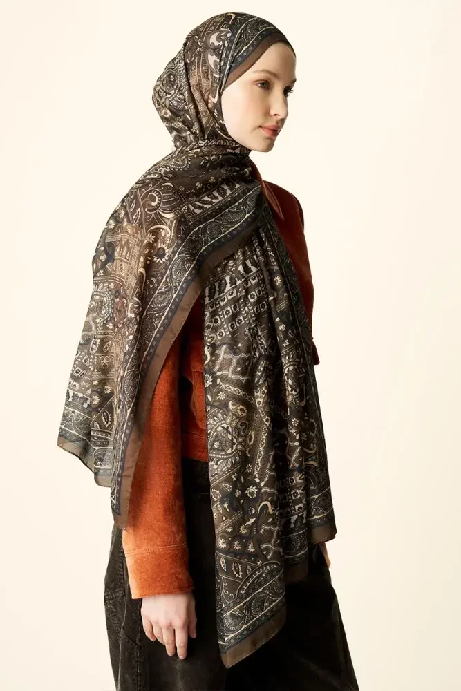 Yekta Desenli Pamuk Dokulu Şal - Kahverengi - MADAME POLO