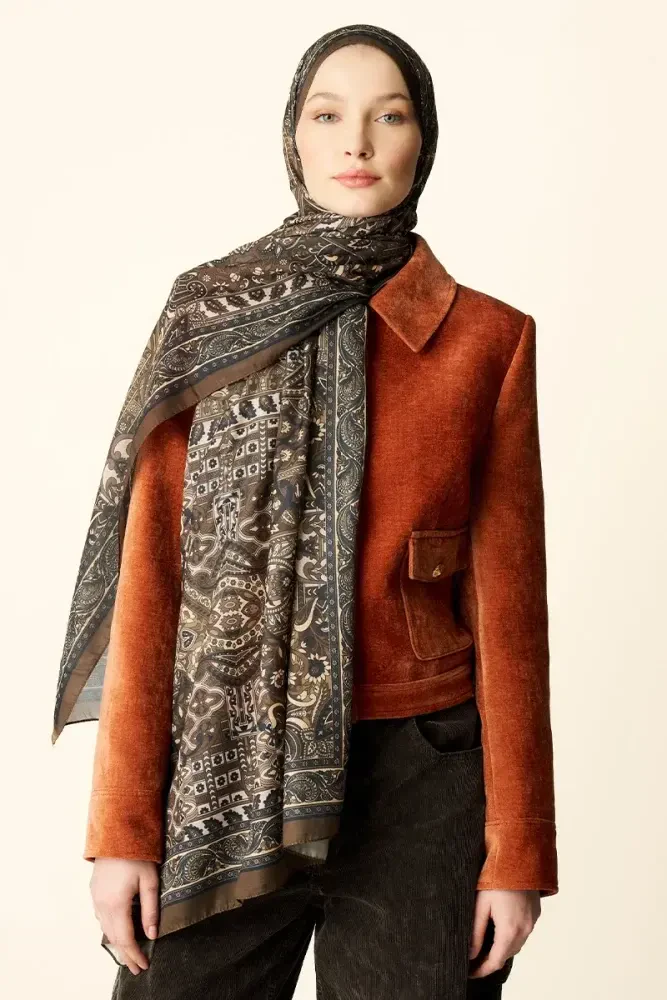 Yekta Desenli Pamuk Dokulu Şal - Kahverengi - MADAME POLO