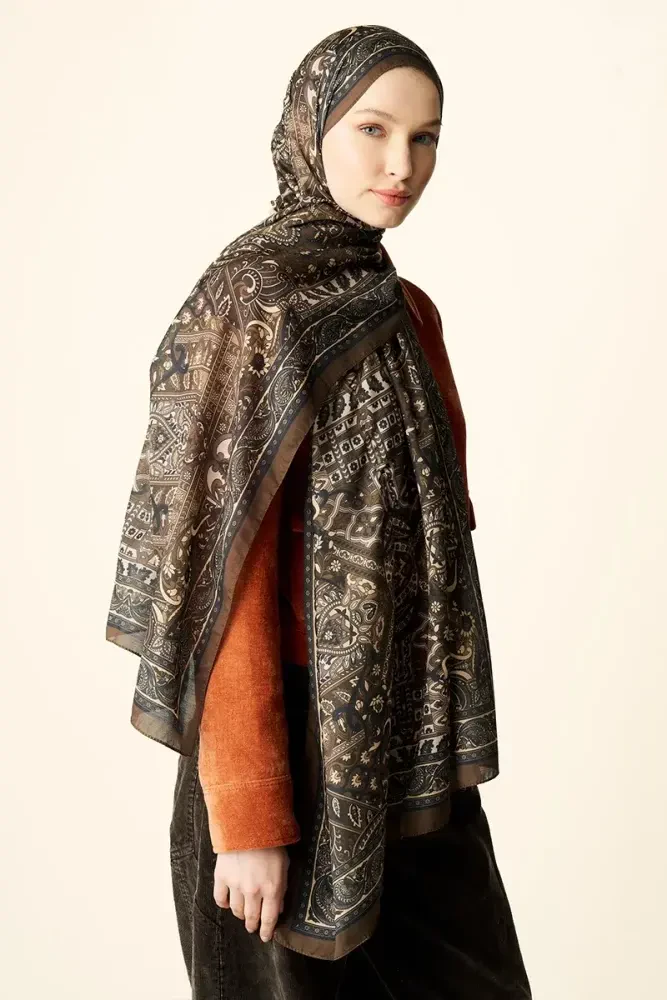 Yekta Desenli Pamuk Dokulu Şal - Kahverengi - MADAME POLO