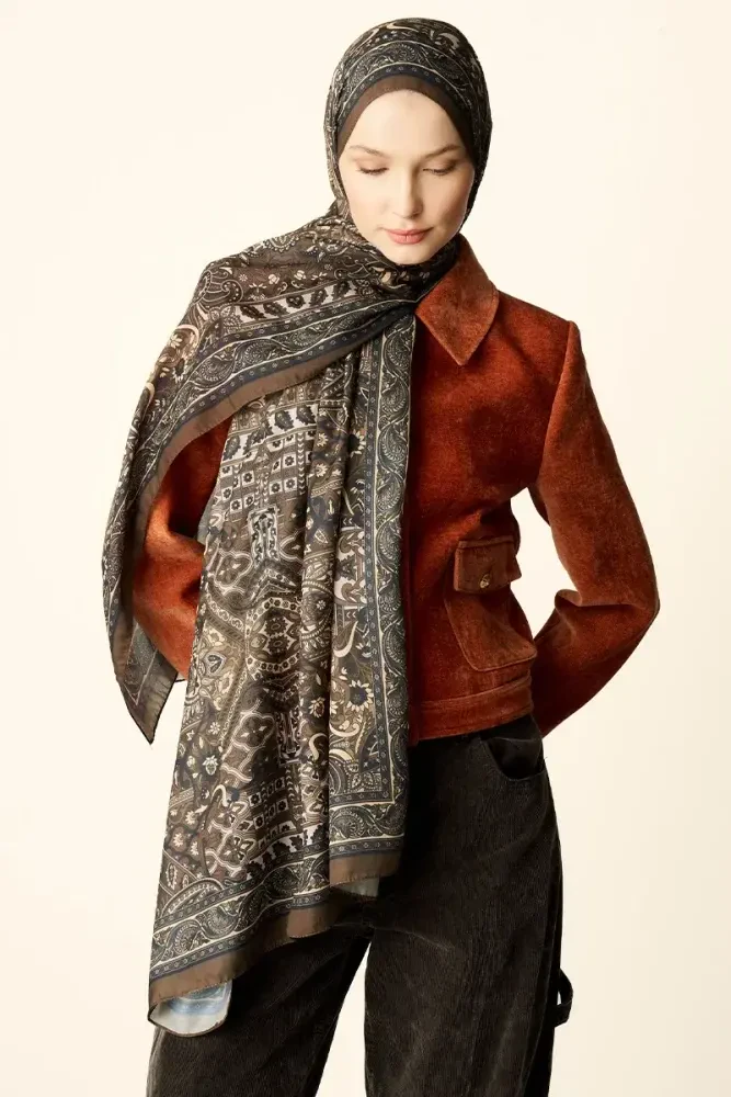 Yekta Desenli Pamuk Dokulu Şal - Kahverengi - MADAME POLO