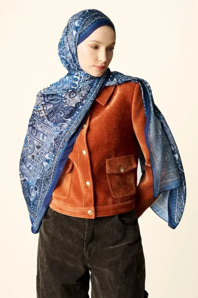 Yekta Desenli Pamuk Dokulu Şal - Lacivert - MADAME POLO