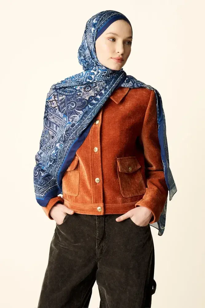 Yekta Desenli Pamuk Dokulu Şal - Lacivert - MADAME POLO