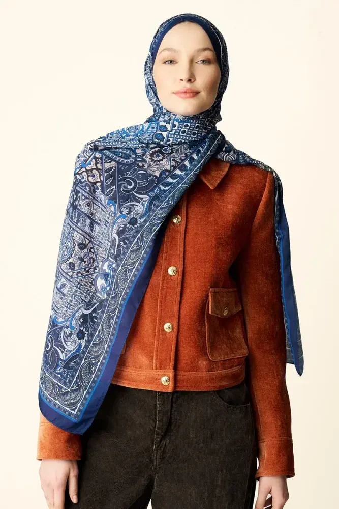 Yekta Desenli Pamuk Dokulu Şal - Lacivert - 3