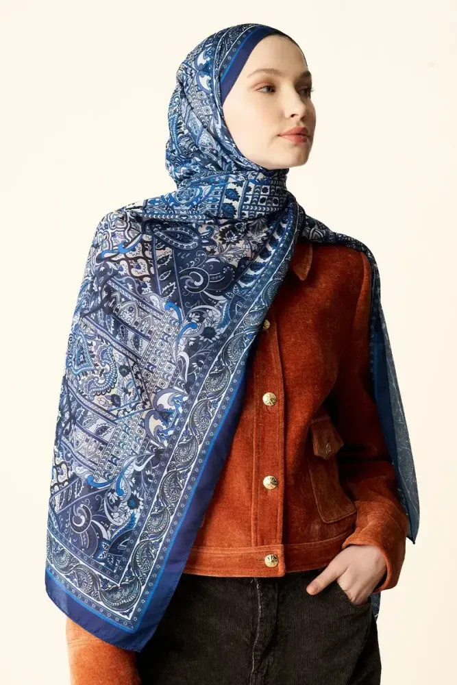Yekta Desenli Pamuk Dokulu Şal - Lacivert - 4