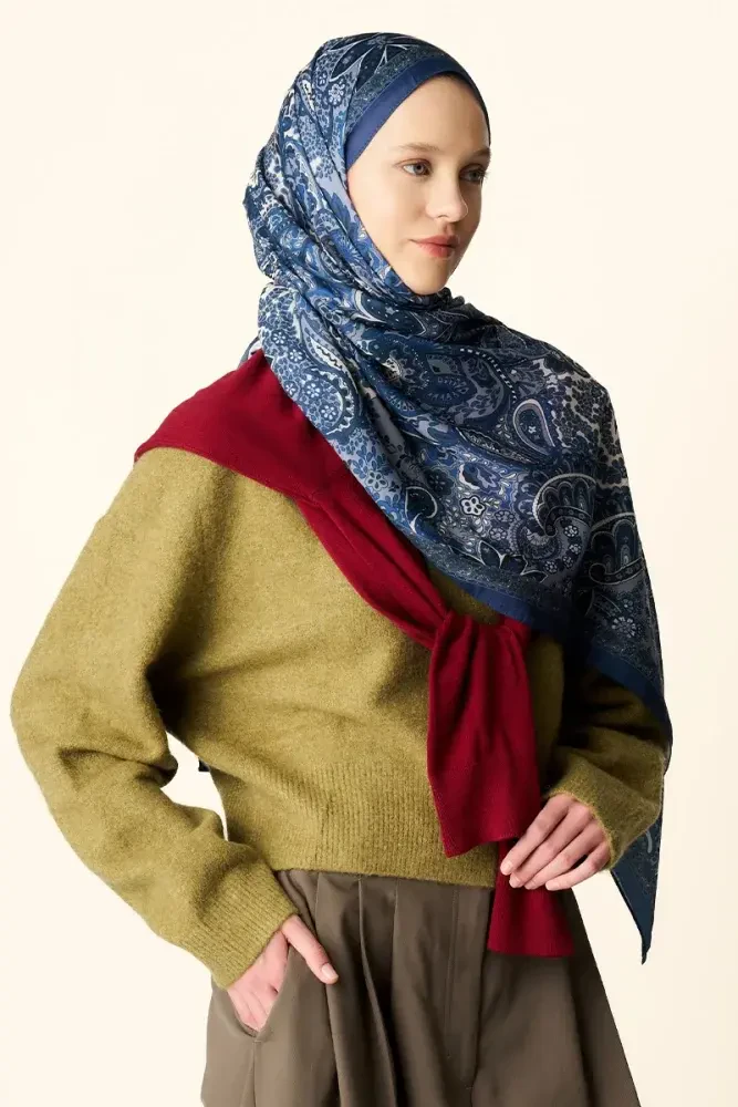 Zaria Desenli Pamuk Dokulu Şal - Lacivert - 2