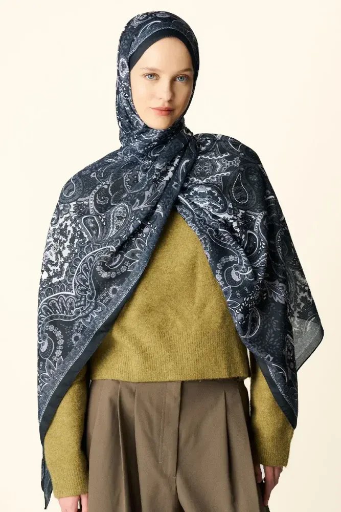 Zaria Desenli Pamuk Dokulu Şal - Siyah - 2