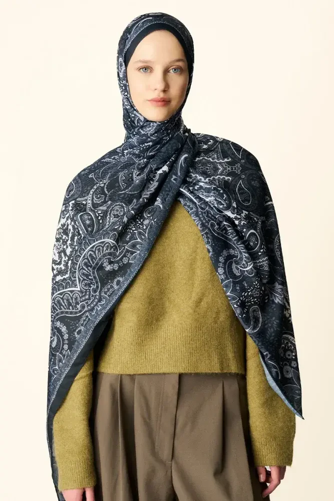 Zaria Desenli Pamuk Dokulu Şal - Siyah - 3