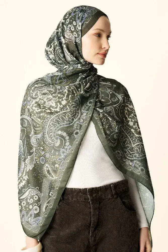 Zaria Desenli Pamuk Dokulu Şal - Yeşil - MADAME POLO
