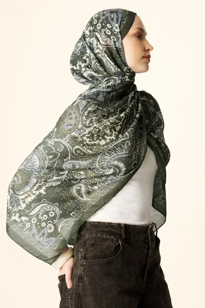 Zaria Desenli Pamuk Dokulu Şal - Yeşil - MADAME POLO