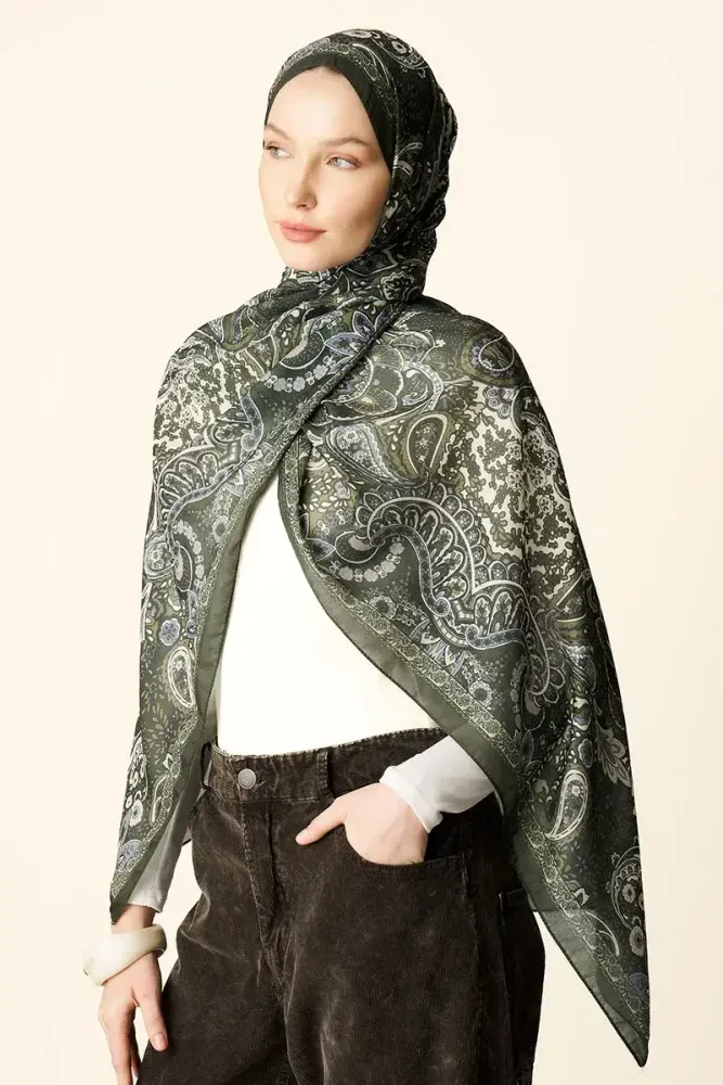 Zaria Desenli Pamuk Dokulu Şal - Yeşil - 4